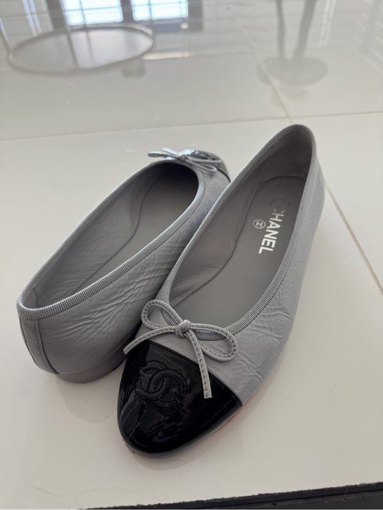 CHANEL Shoes - CHANEL Two-Tone Gray Leather Ballet Flats with Black Patent Cap Toe